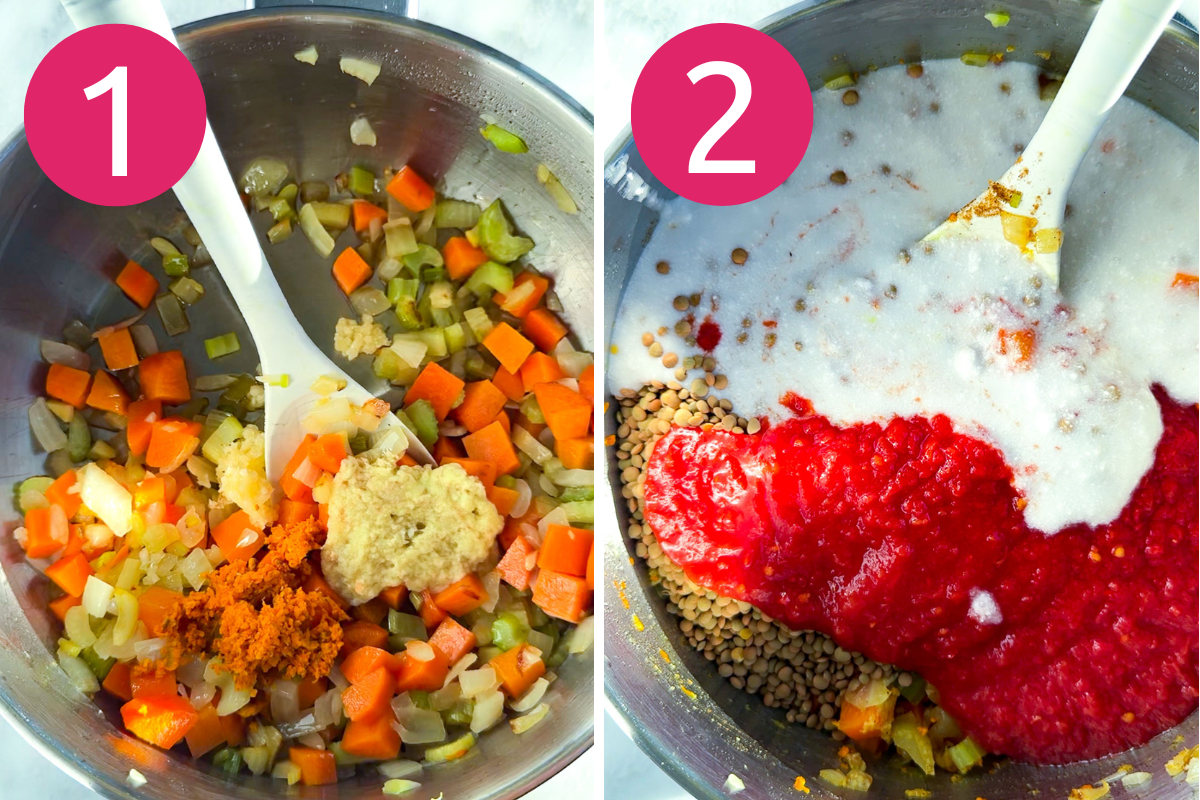 Turmeric lentil soup collage of steps 1 & 2