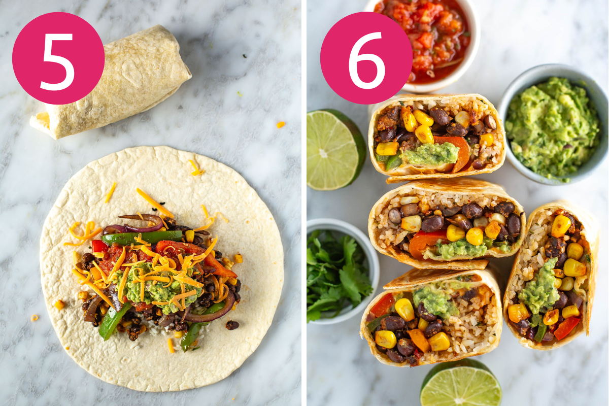Vegetarian burrito collage with steps 5 & 6