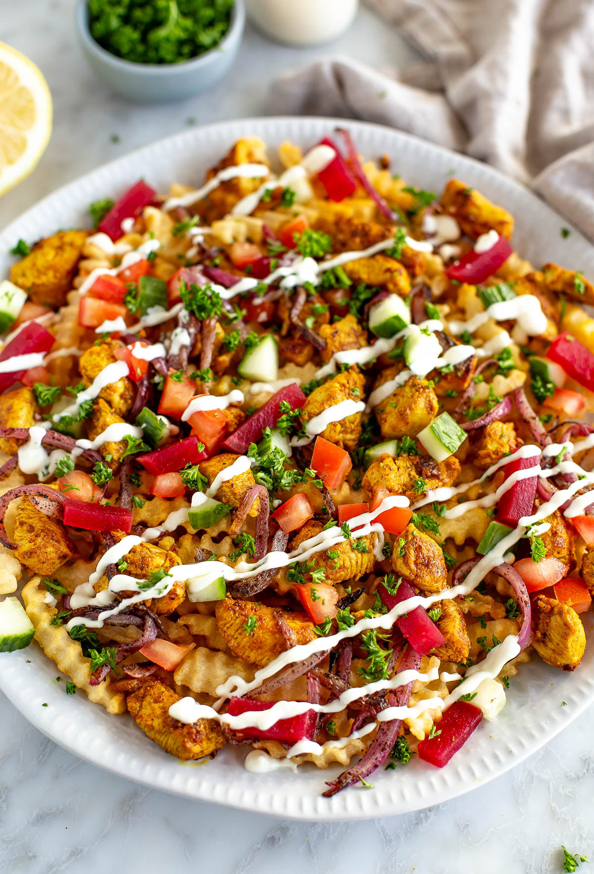 Loaded chicken shawarma fries