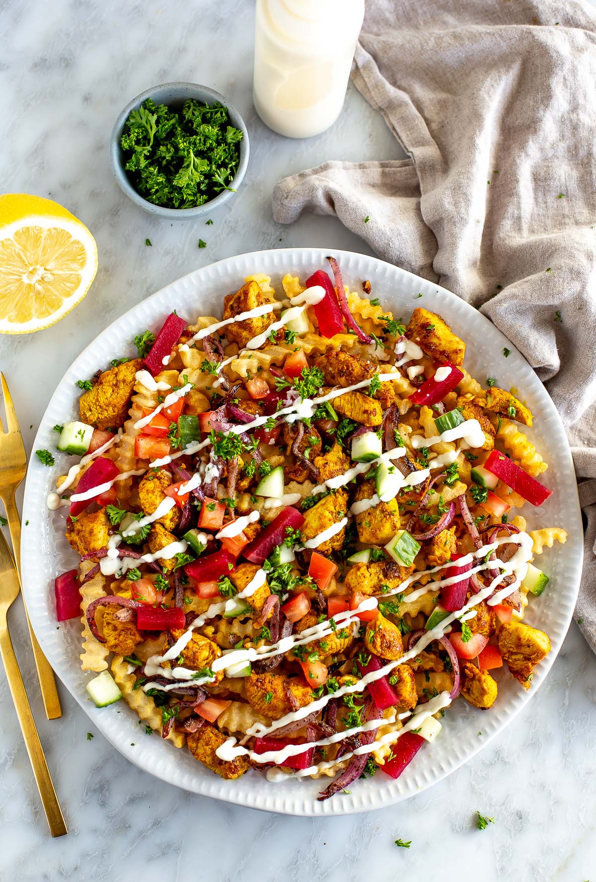 Loaded chicken shawarma fries