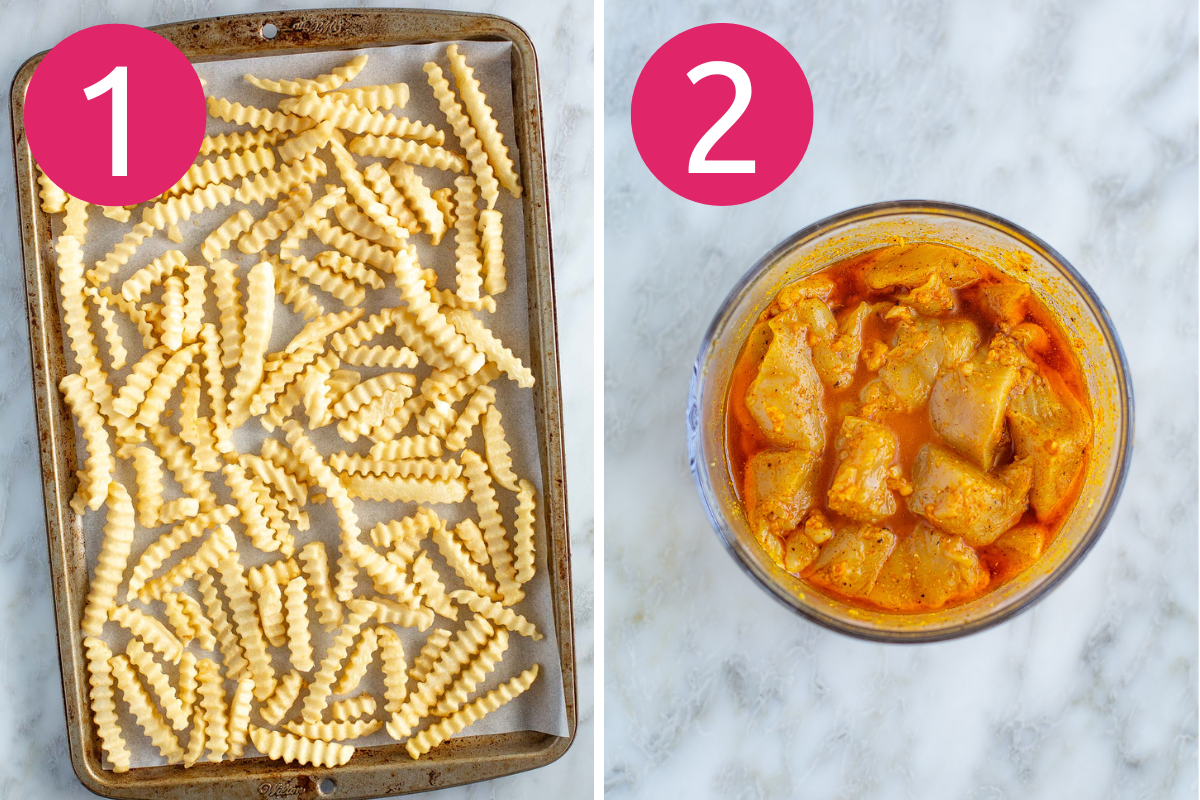 Loaded chicken shawarma fries collage of steps 1 & 2