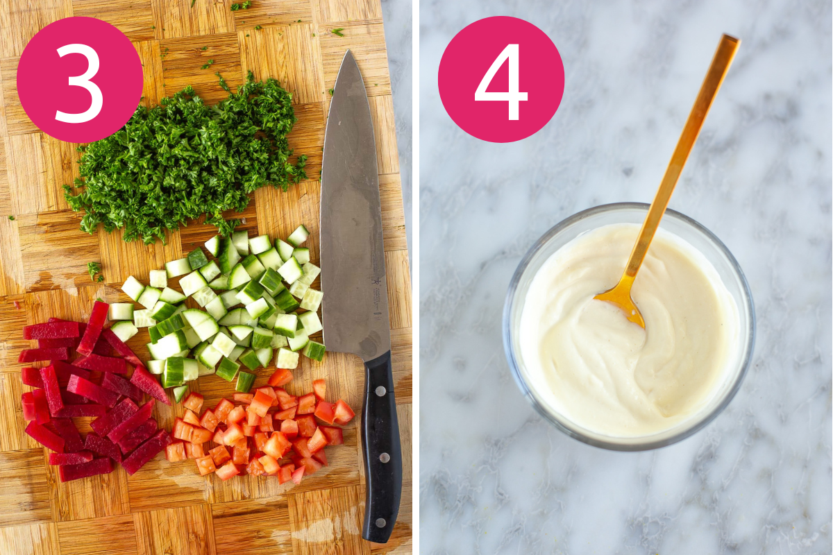 Loaded chicken shawarma fries collage of steps 3 & 4