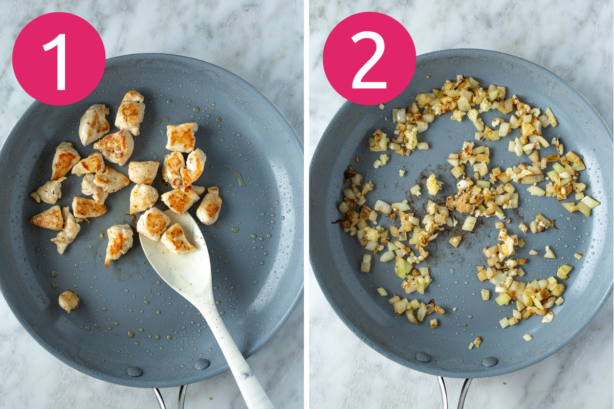 Mediterranean chicken and orzo collage of steps 1 & 2