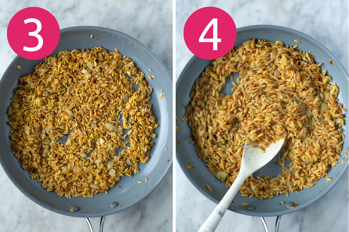 Mediterranean chicken and orzo collage of steps 3 & 4