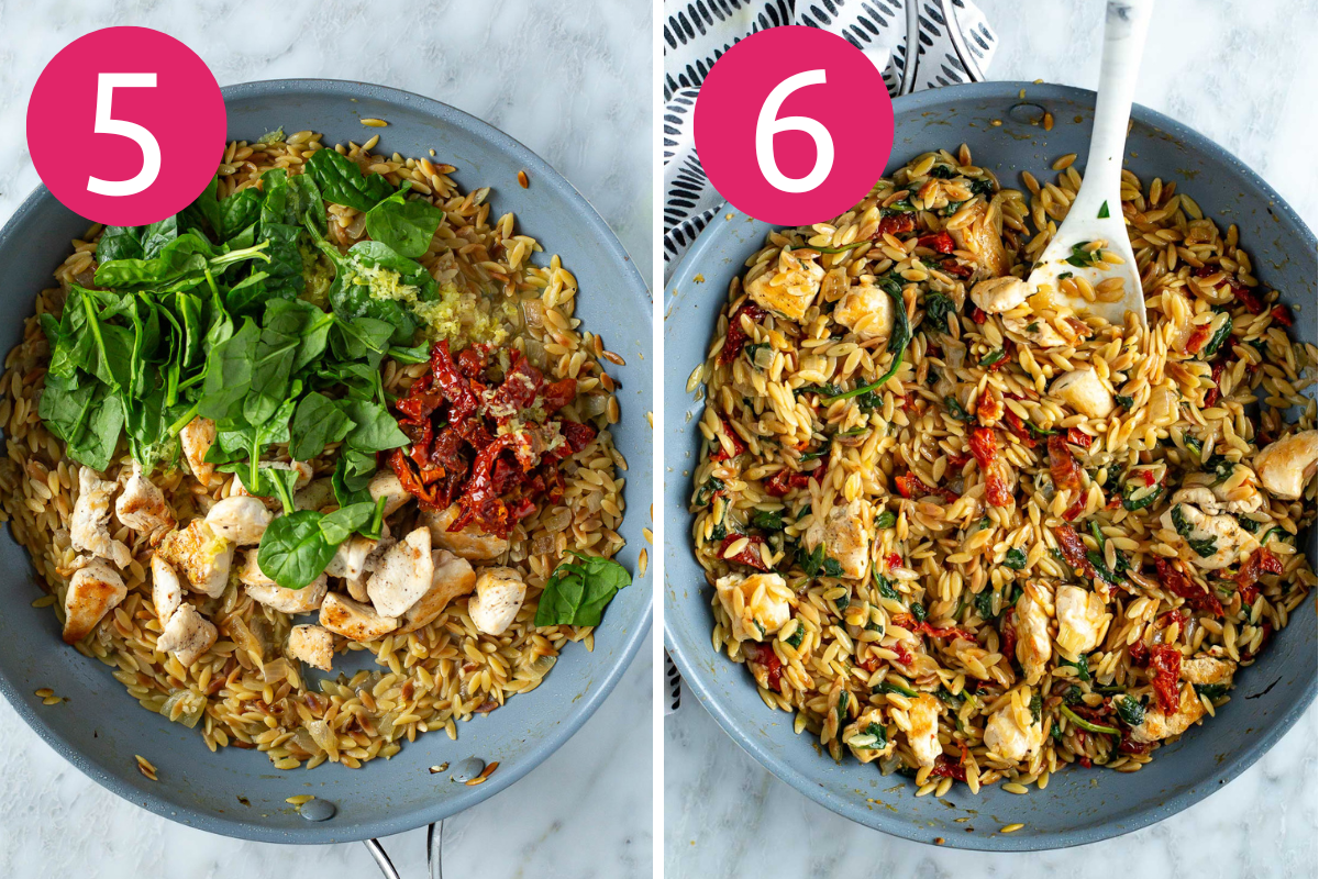 Mediterranean chicken and orzo collage of steps 5 & 6