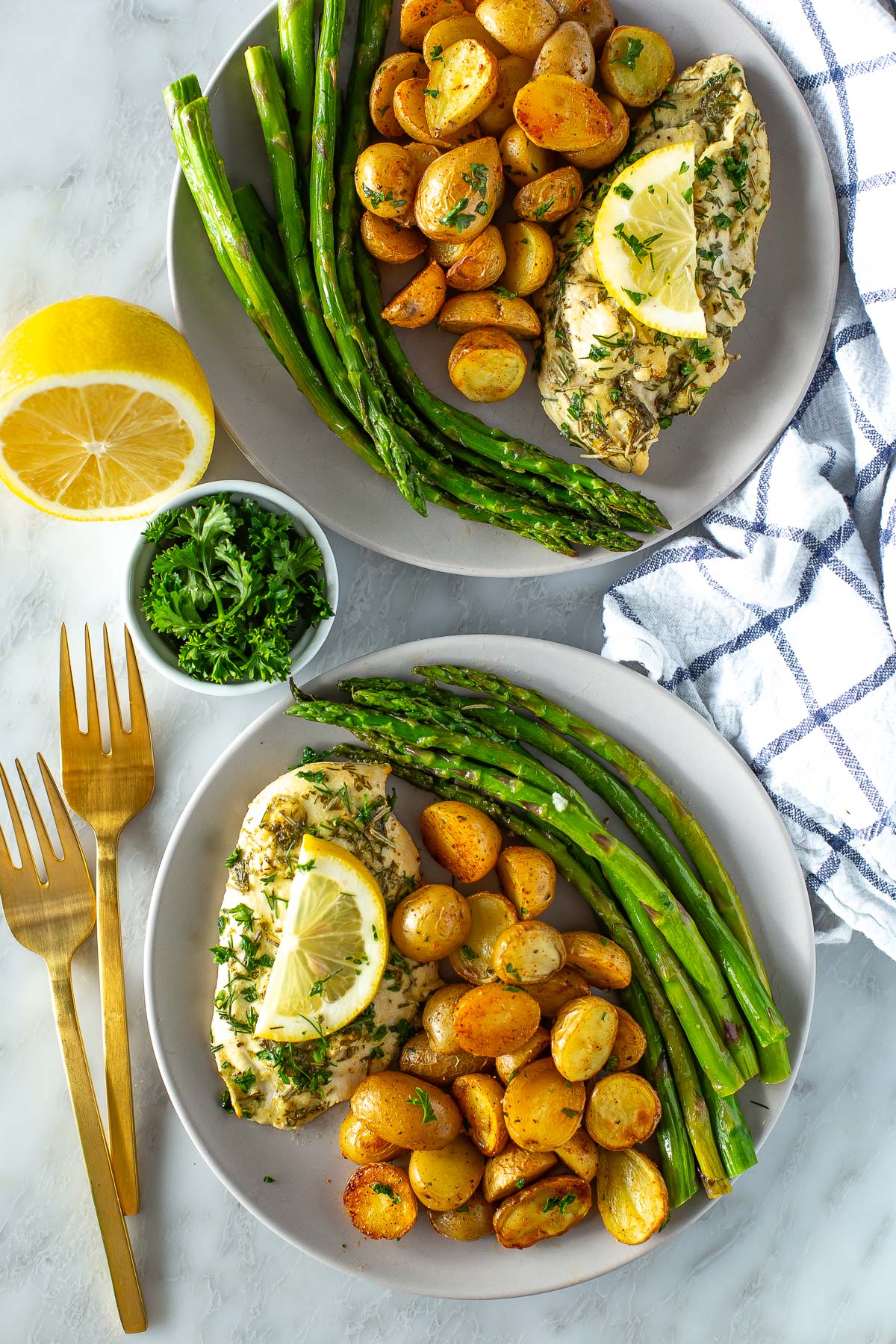 Sheet pan chicken and asparagus with baby potatoes plated