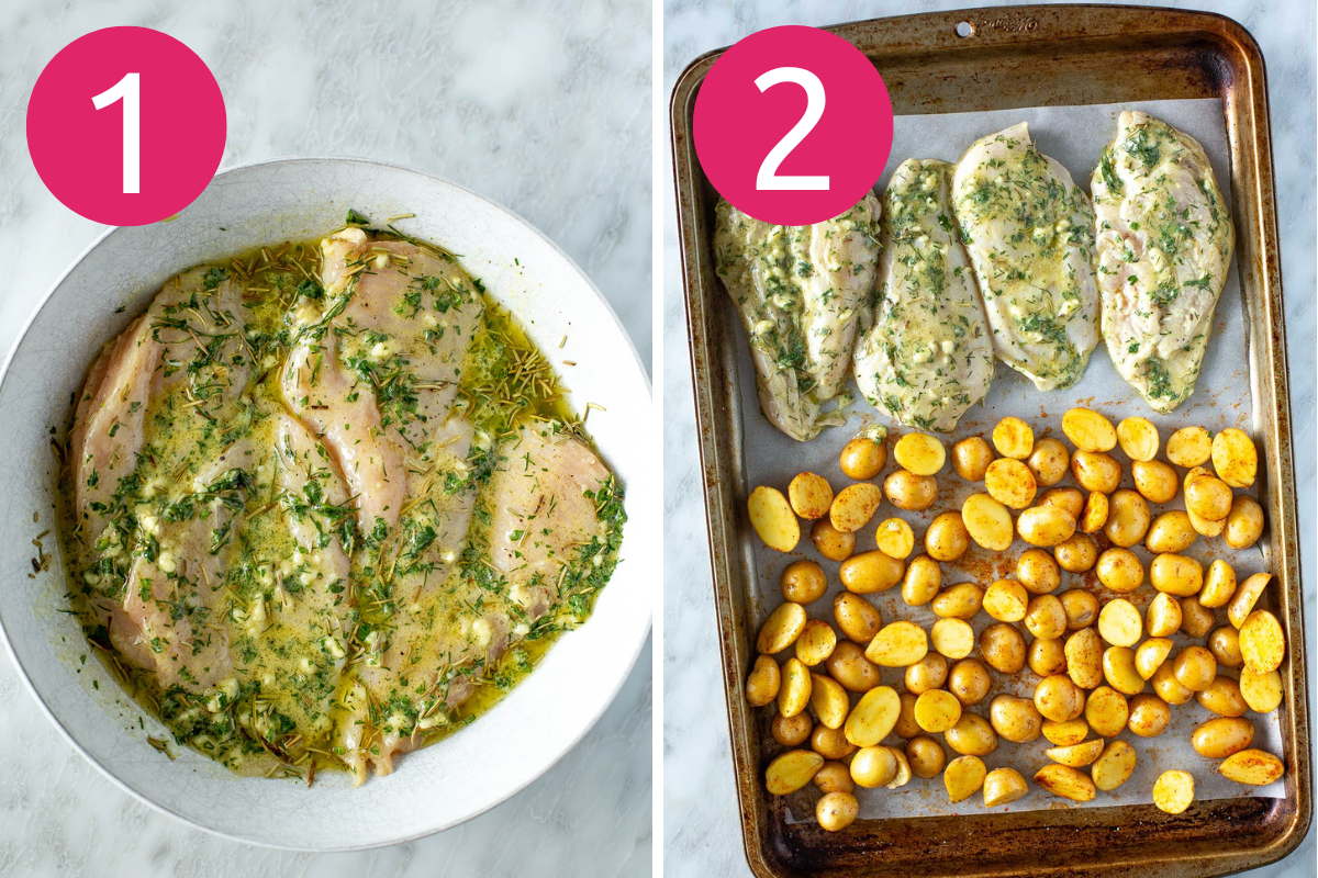 Sheet pan chicken and asparagus steps 1 & 2