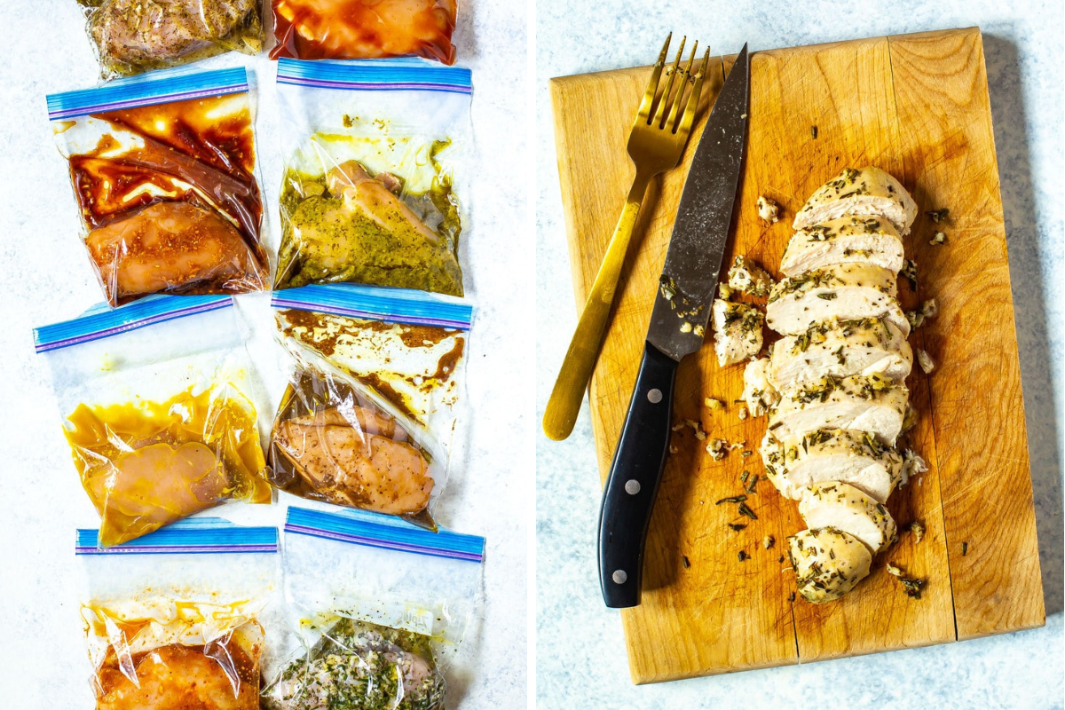 Chicken marinade collage with different marinated chicken in bags and final cooked chicken on board