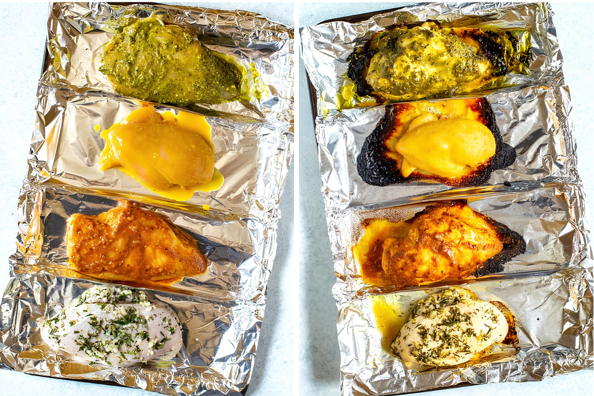 Chicken marinade collage with left image sheet pan divided with 4 different chicken breasts and right with them cooked.