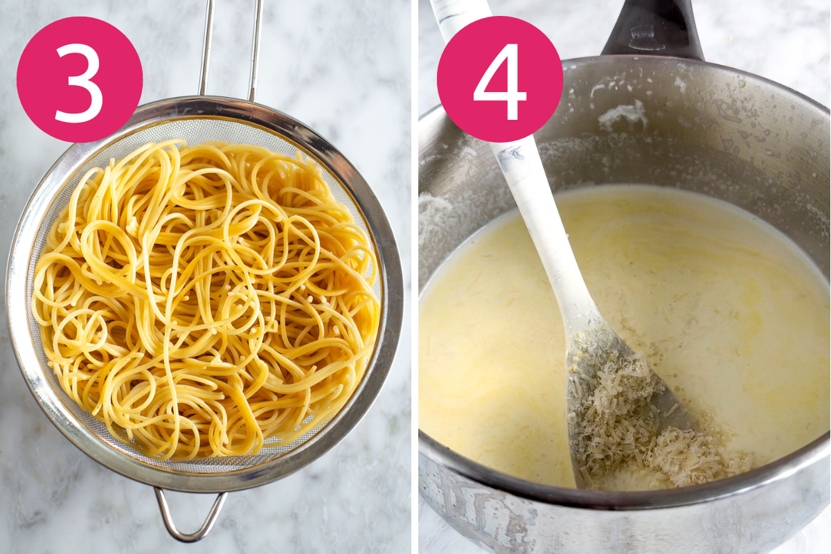 Creamy lemon chicken pasta collage with steps 3 & 4