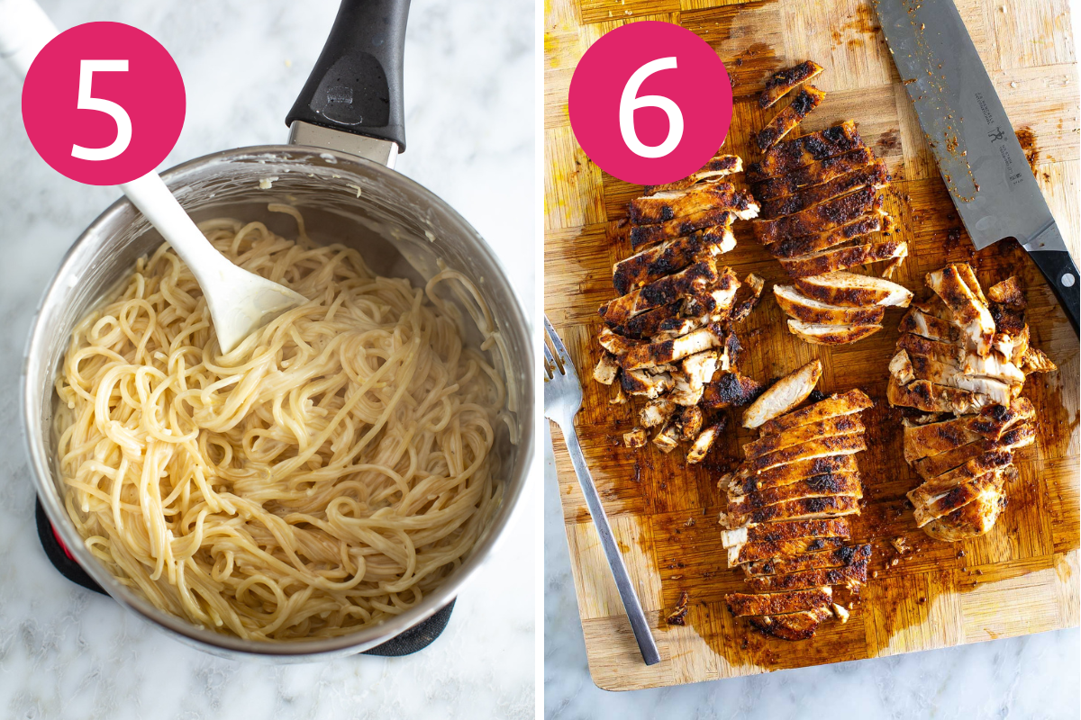 Creamy lemon chicken pasta collage with steps 5 & 6