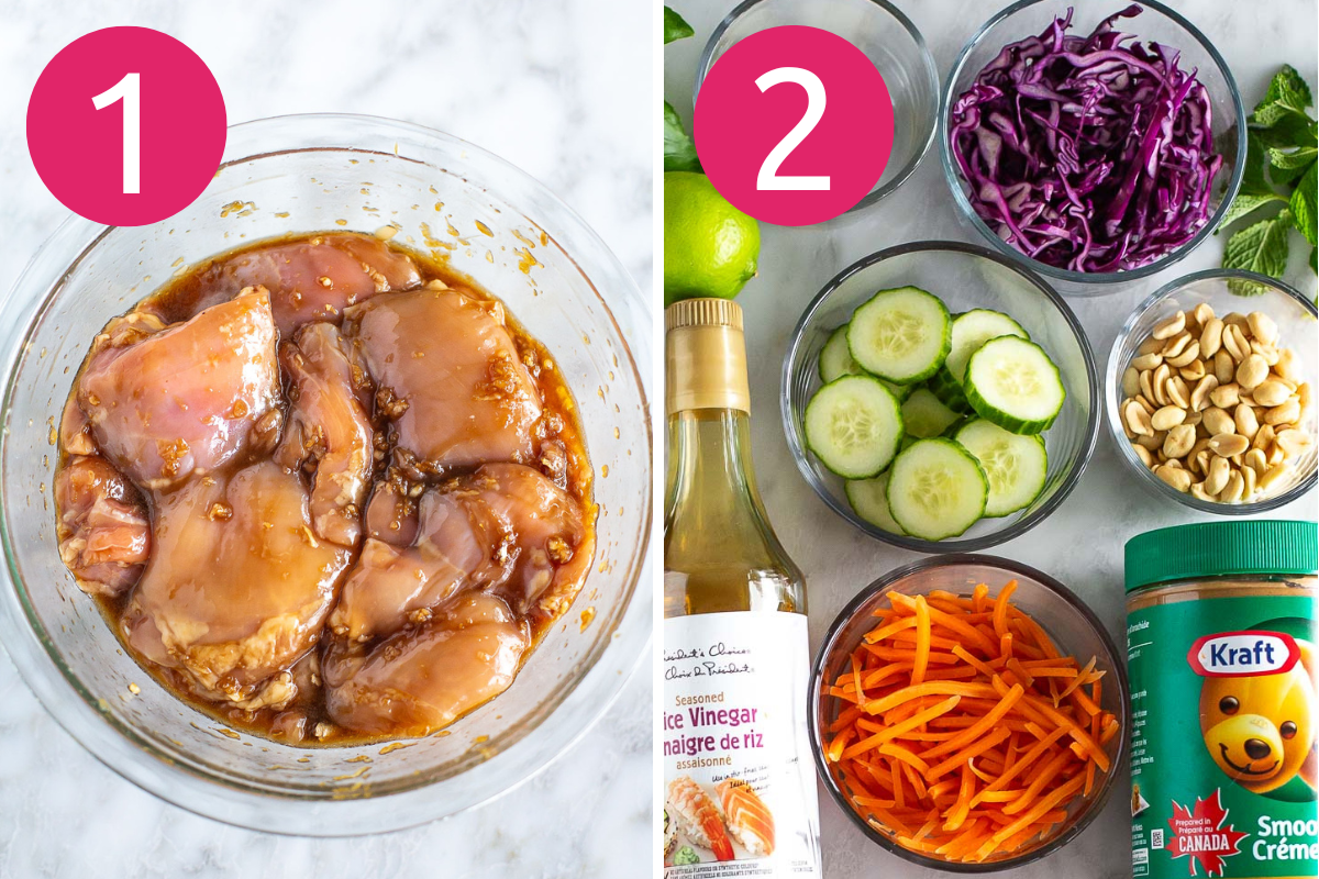 Spring roll in a bowl collage with steps 1 & 2