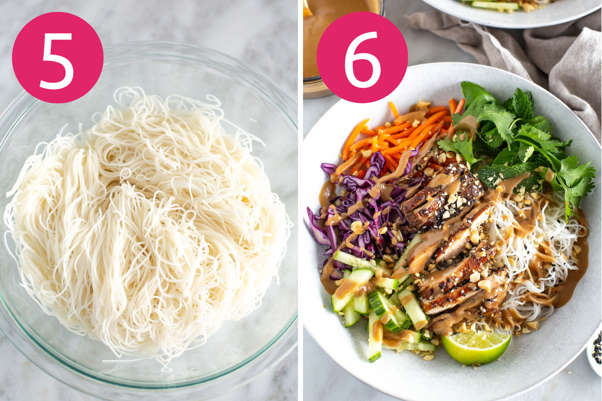 Spring roll in a bowl collage with steps 5 & 6