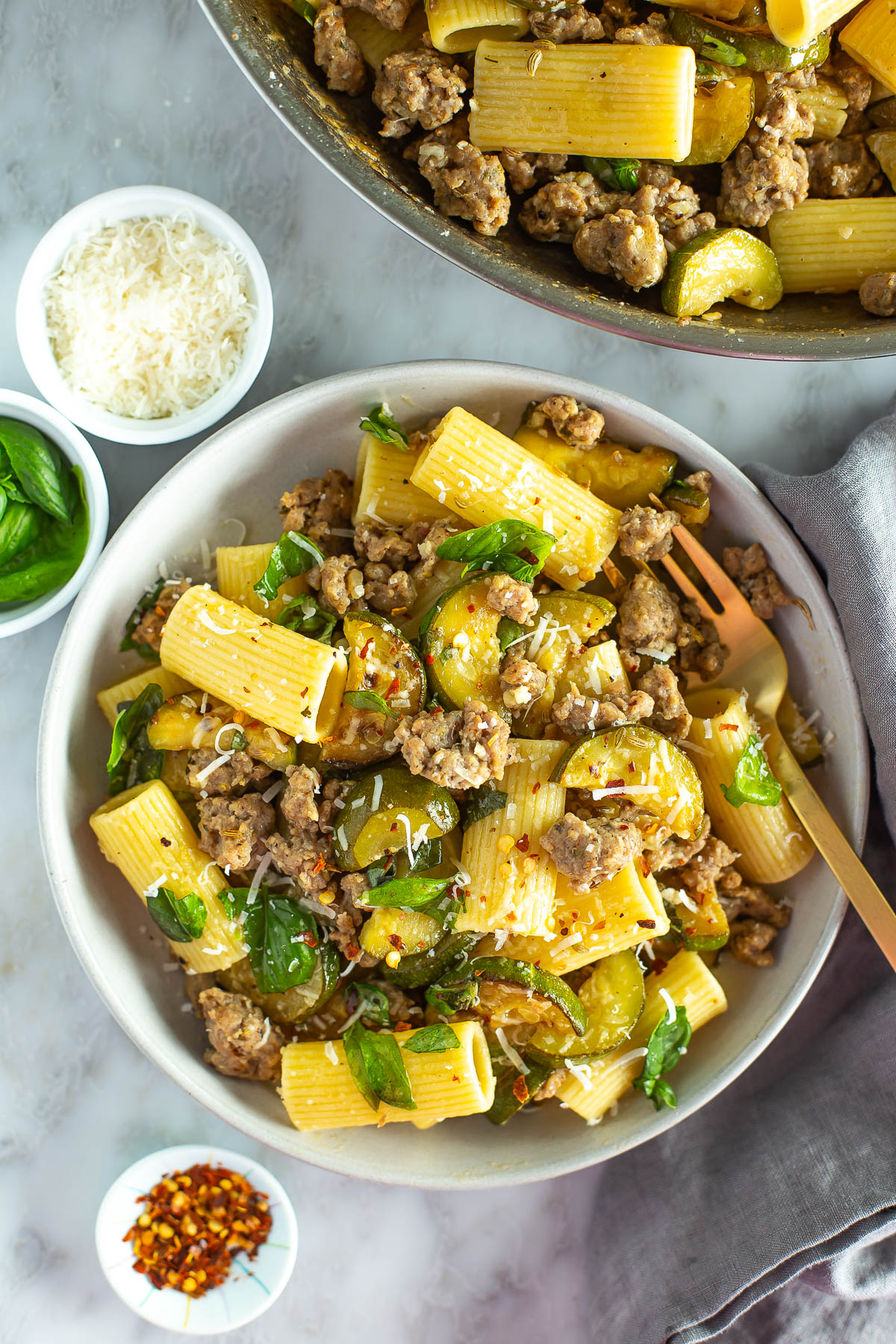Sausage zucchini pasta bowl