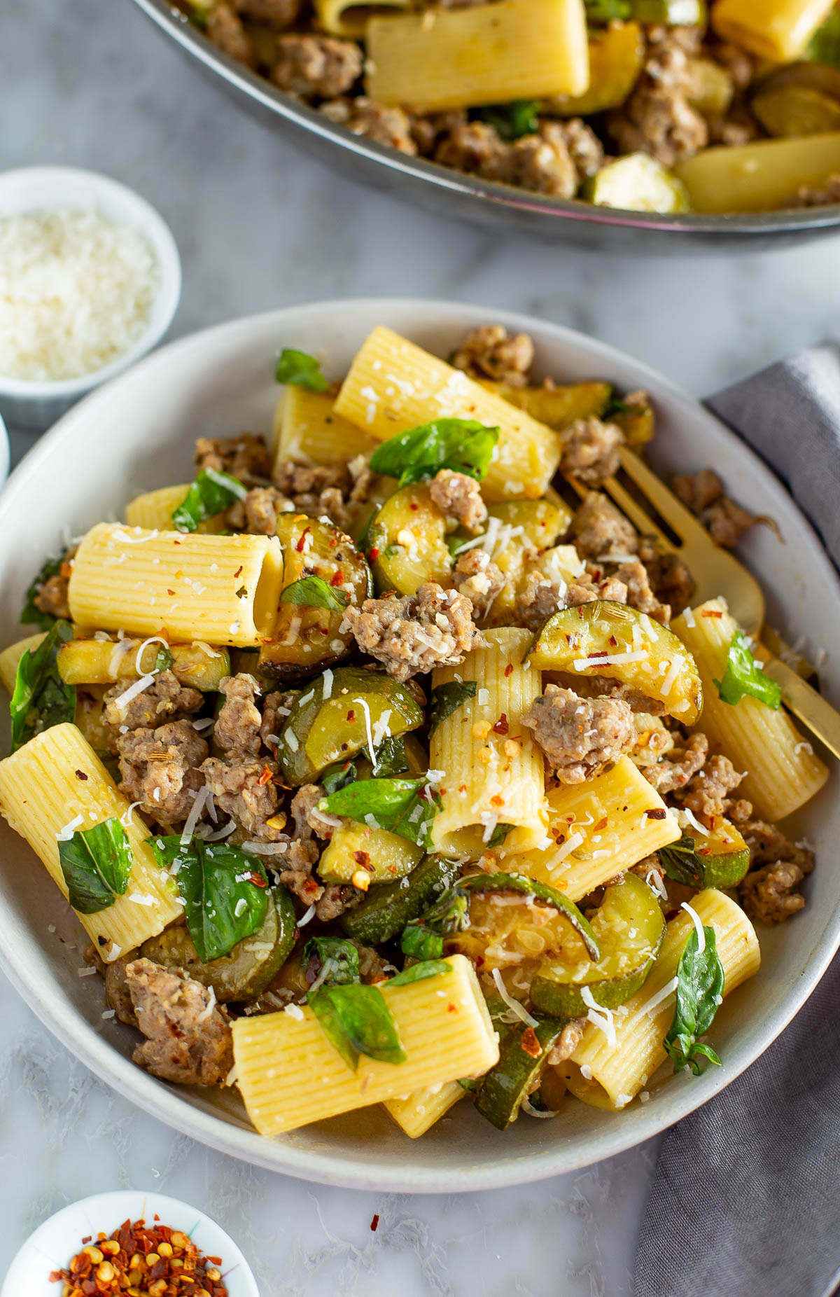 Sausage zucchini pasta bowl