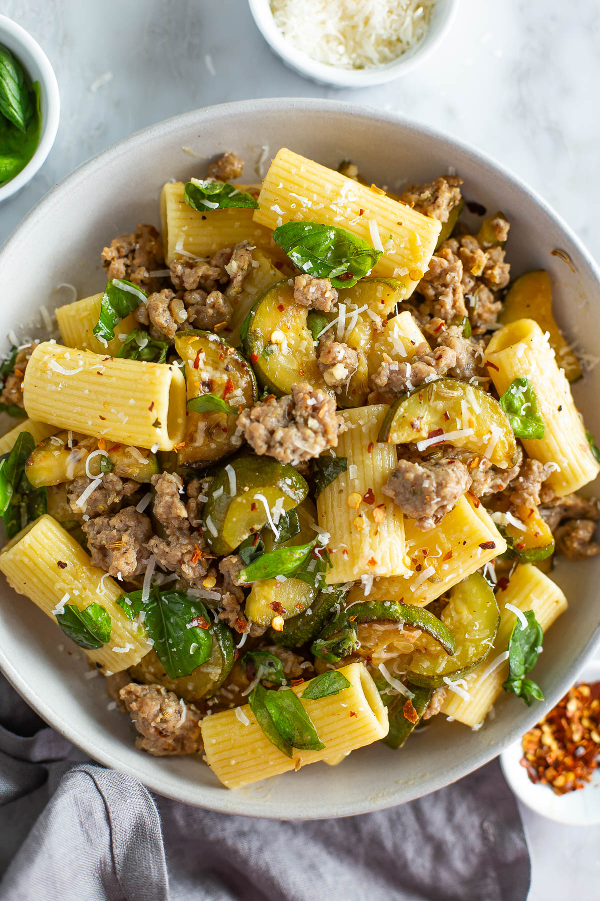 Sausage zucchini pasta bowl
