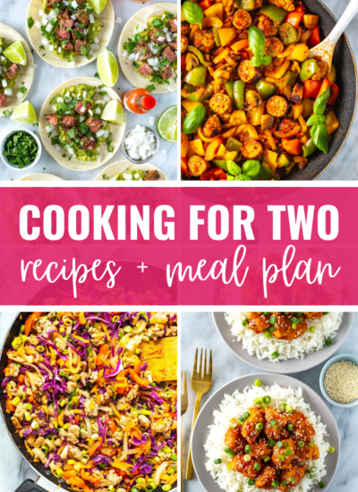 4 dinners collage with title banner "cooking for two recipes + meal plan"