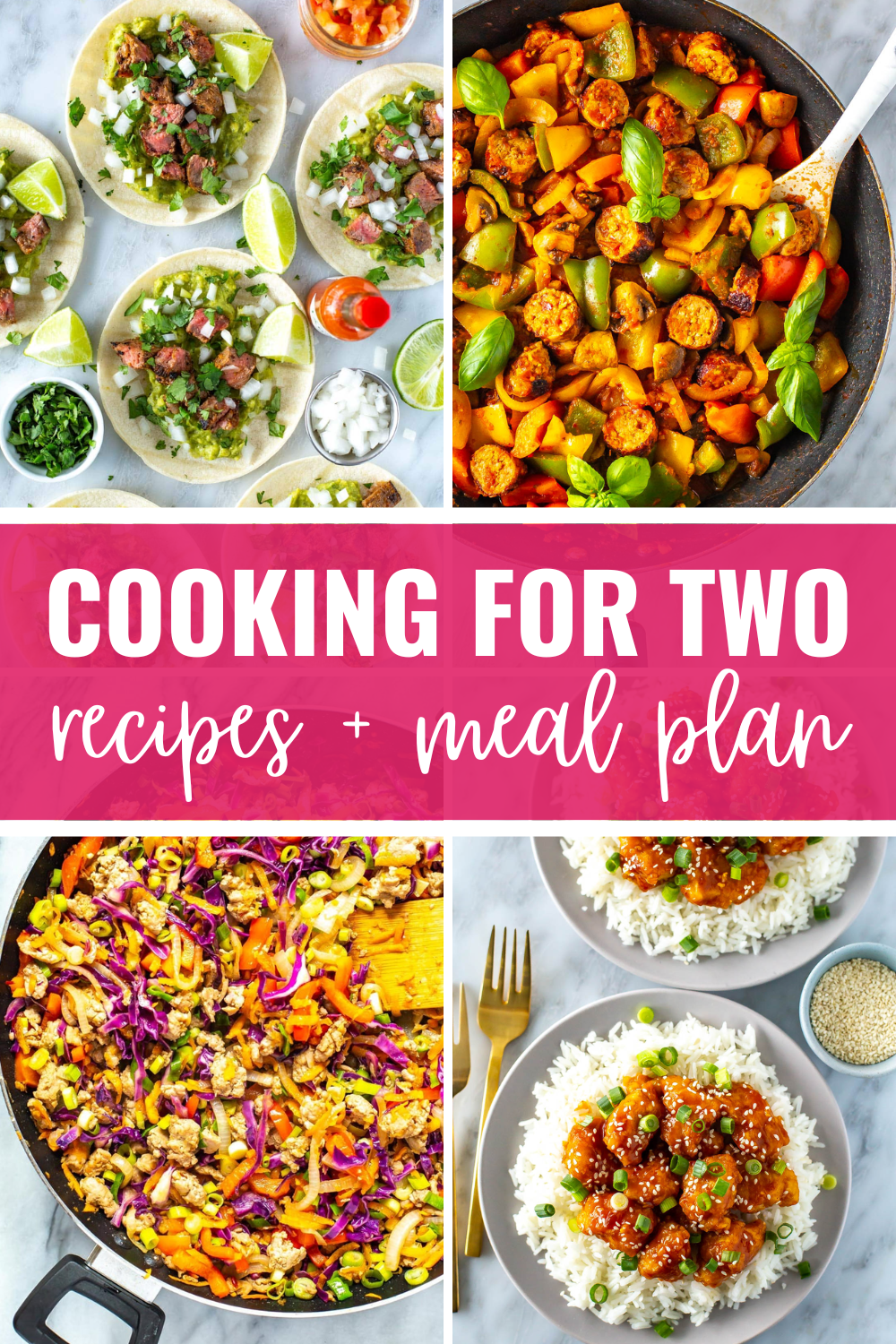4 dinners collage with title banner "cooking for two recipes + meal plan"