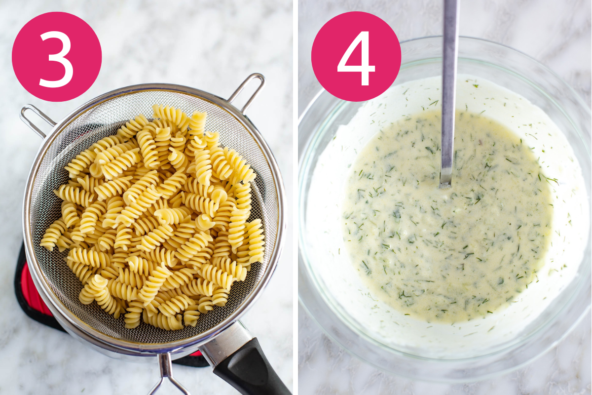 Mediterranean pasta salad collage of steps 2 & 4