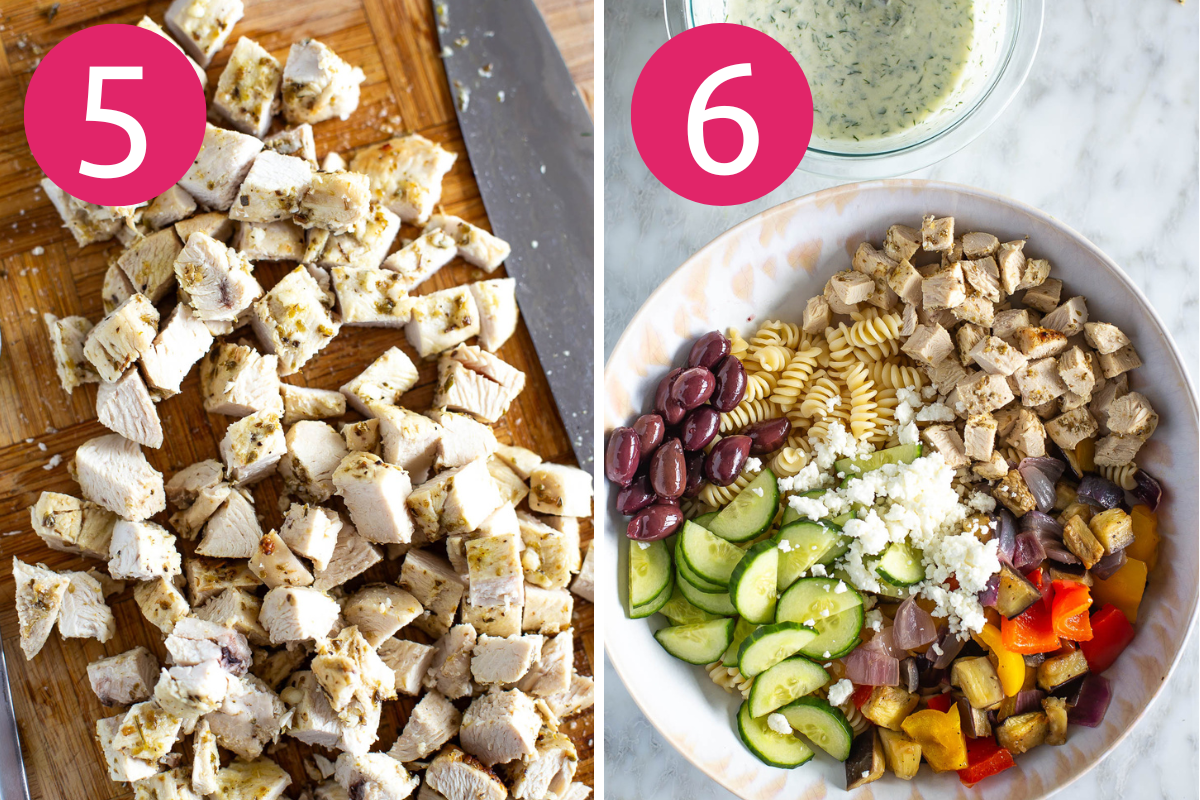 Mediterranean pasta salad collage of steps 5 & 6