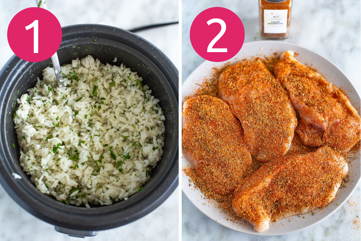 Street corn chicken rice bowl collage of steps 1 & 2