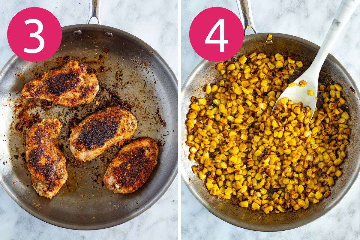 Street corn chicken rice bowl collage of steps 3 & 4