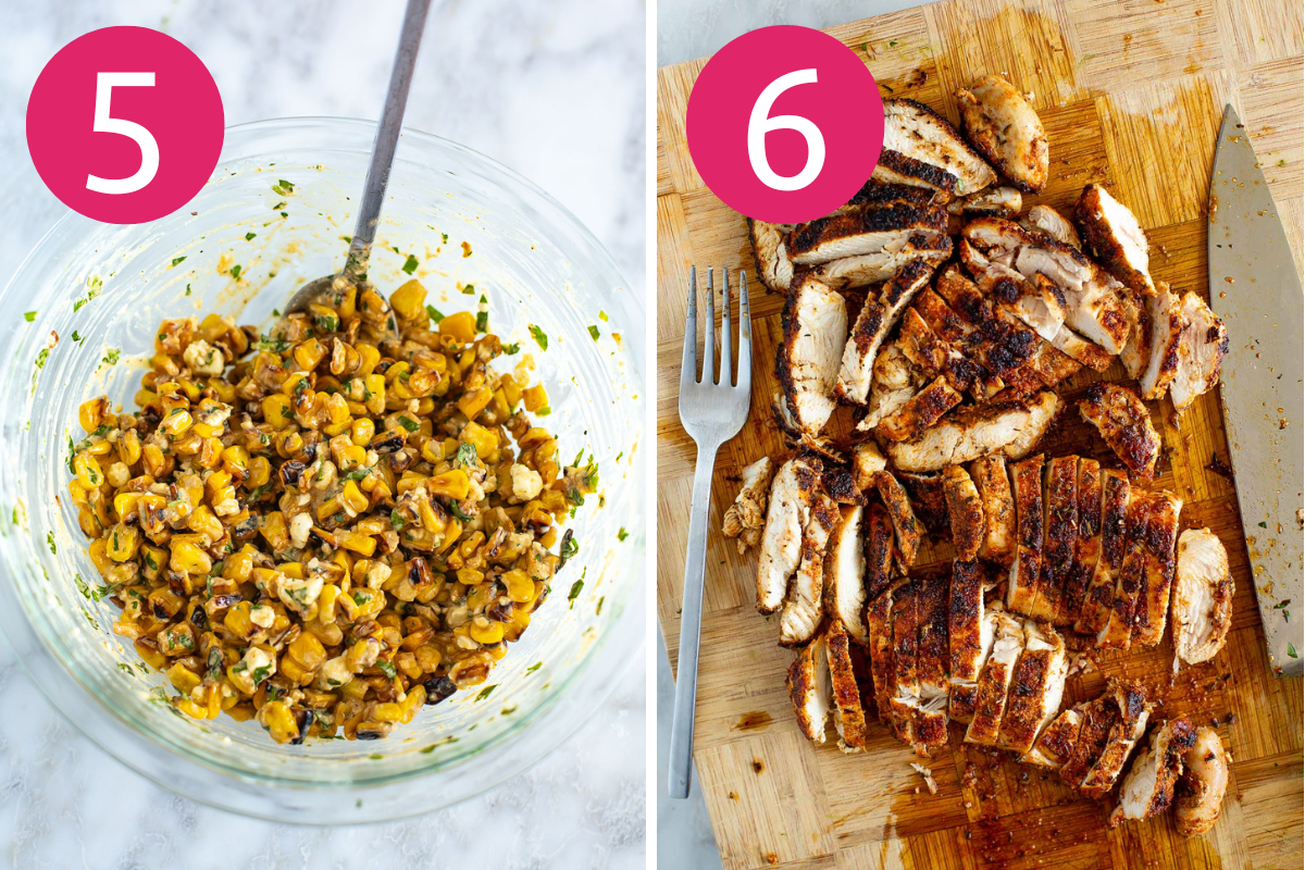 Street corn chicken rice bowl collage of steps 5 & 6