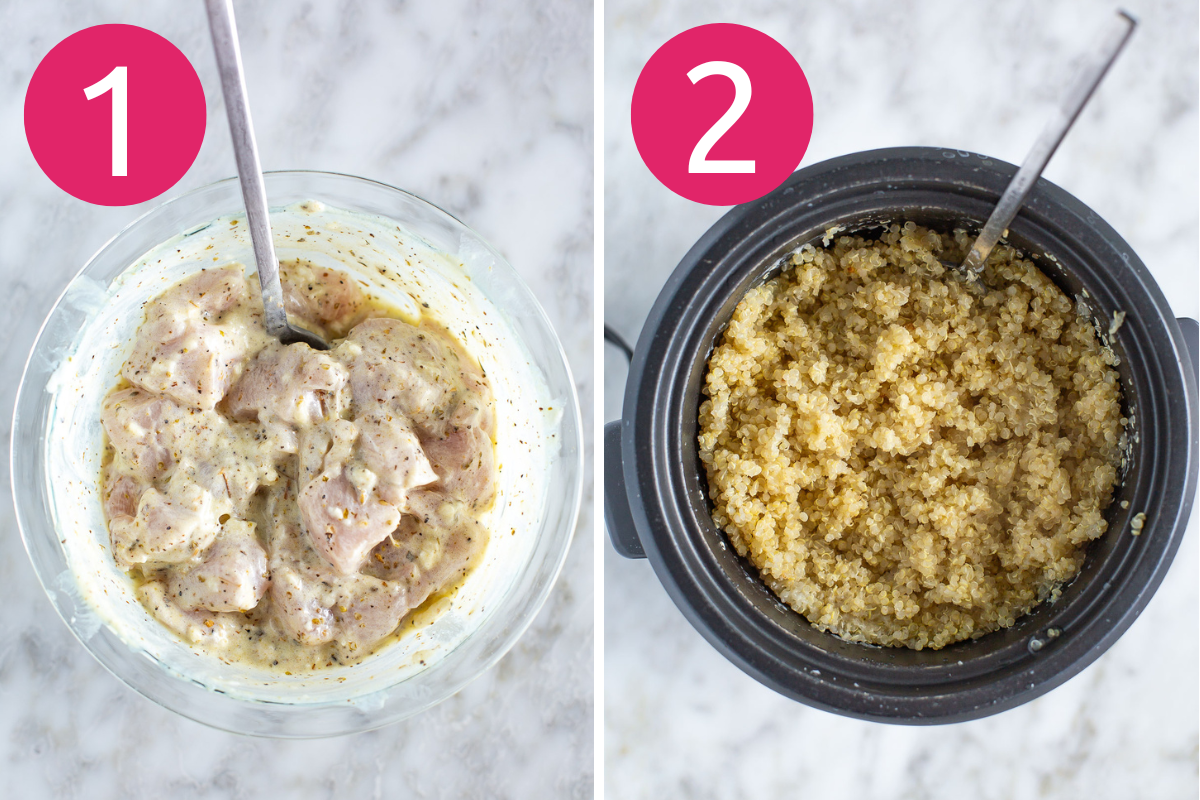 Chicken quinoa bowl collage of steps 1 & 2