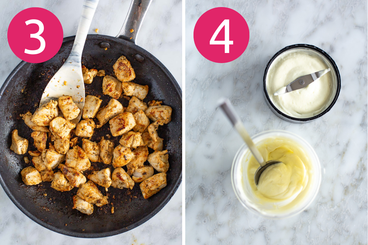 Chicken quinoa bowl collage of steps 1 & 2