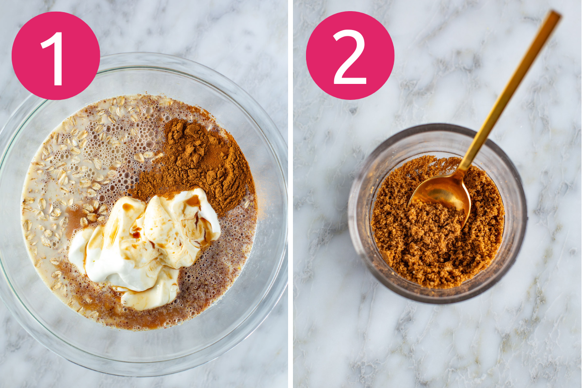 Cinnamon roll overnight oats collage of steps 1 & 2