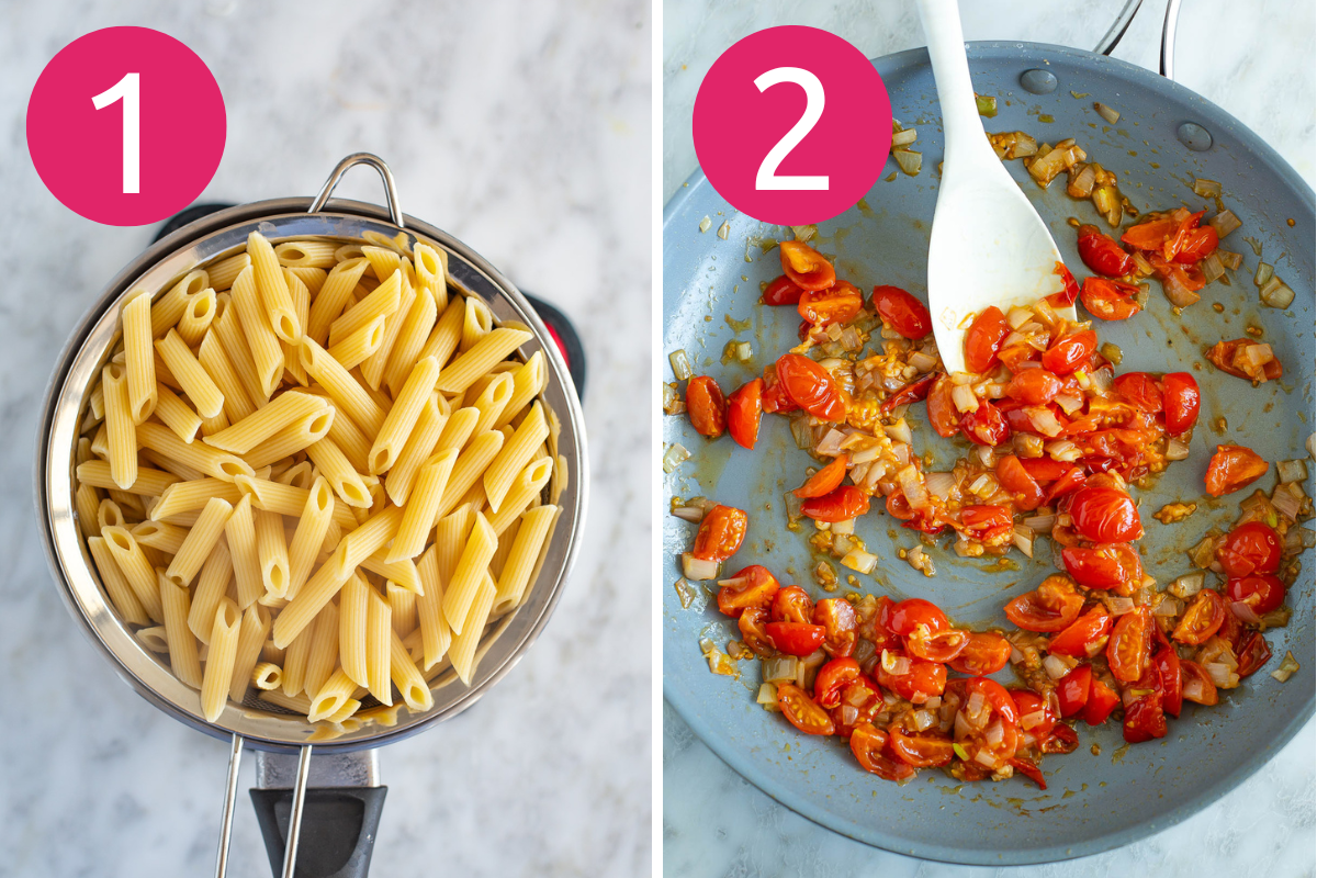 Creamy tomato and spinach pasta collage of steps 1 & 2