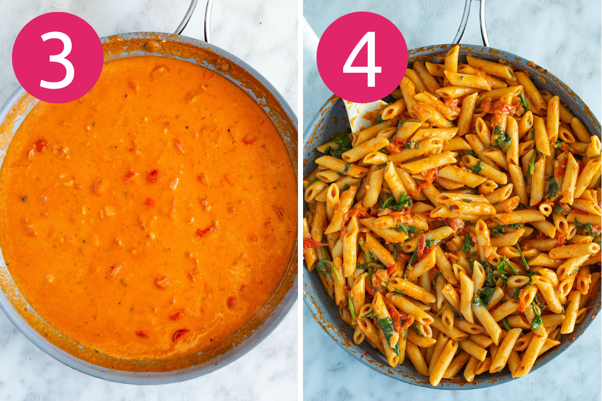 Creamy tomato and spinach pasta collage of steps 3 & 4