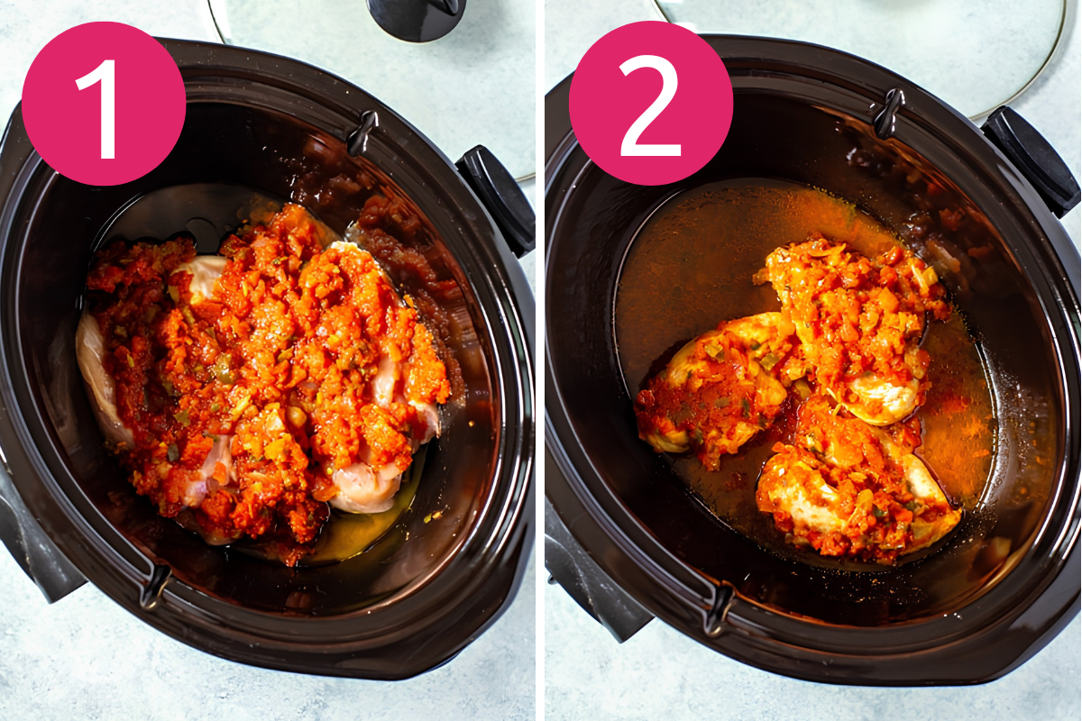 Crockpot salsa chicken collage of steps 1 & 2