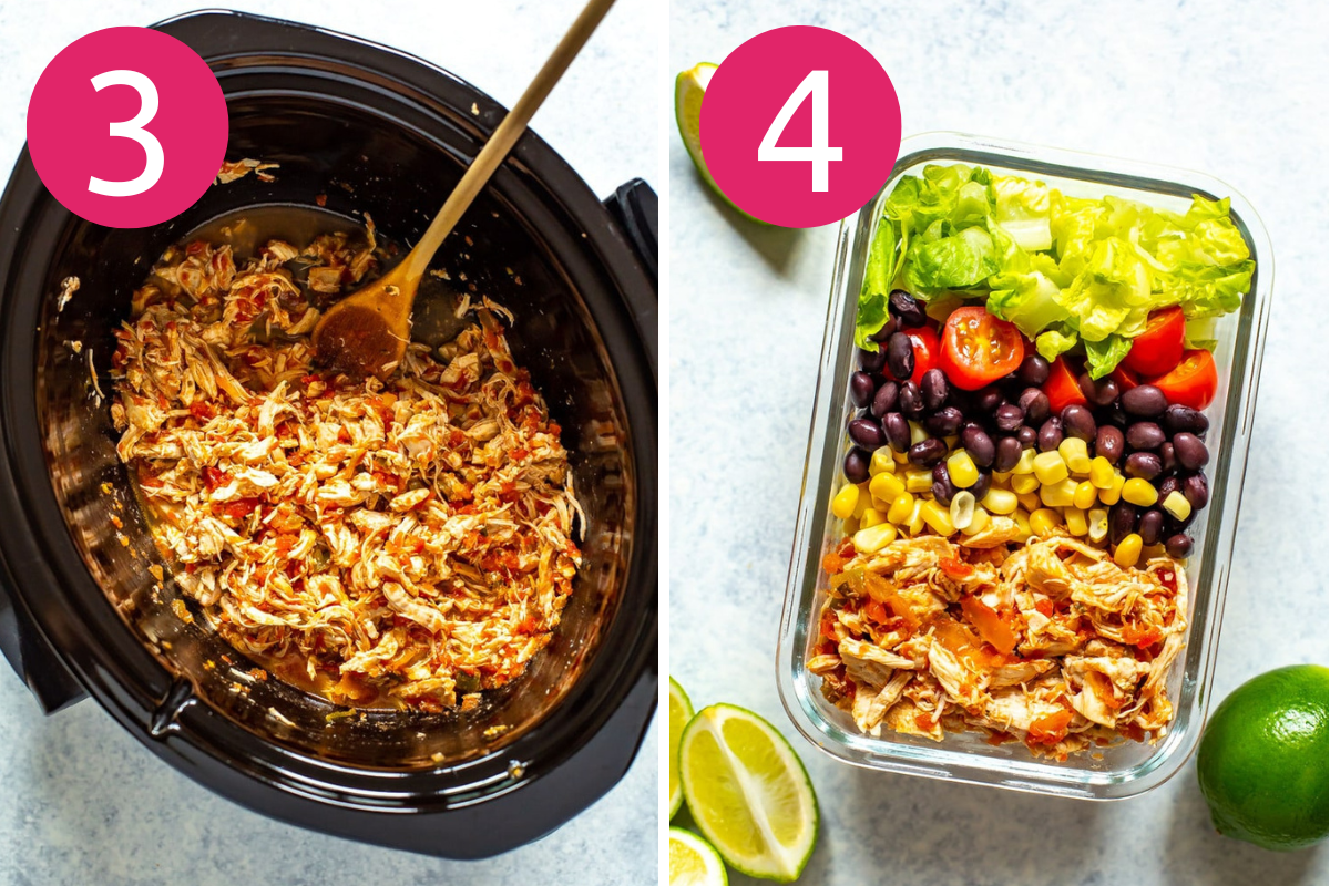 Crockpot salsa chicken collage of steps 3 & 4