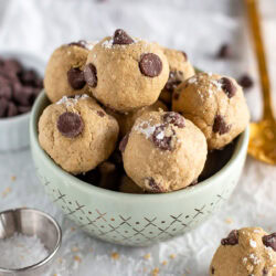 Cookie dough bites in bowl close up