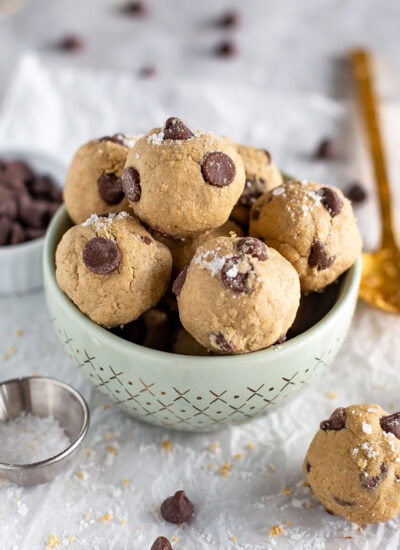 Cookie dough bites in bowl close up