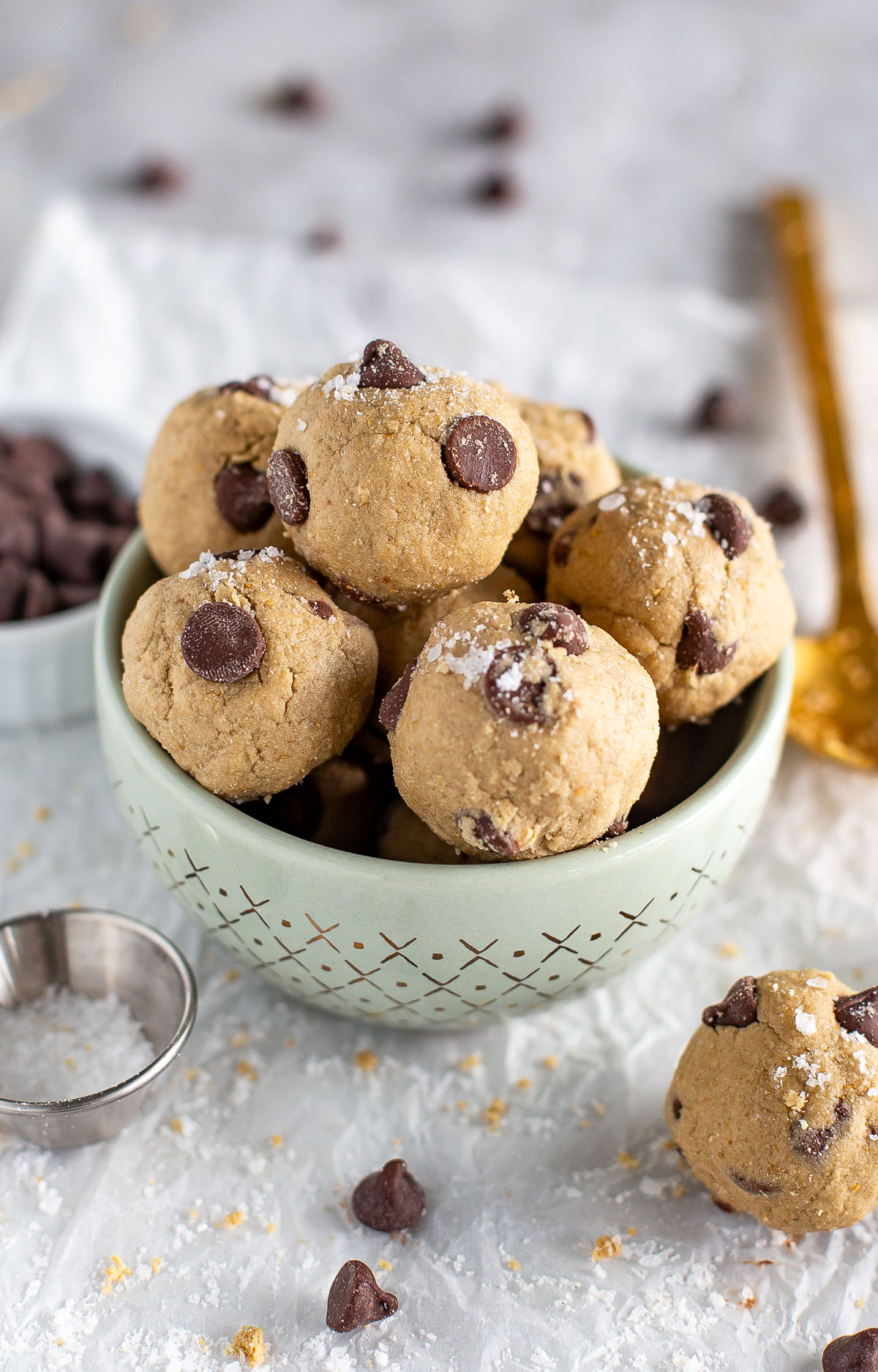 Cookie dough bites in bowl close up