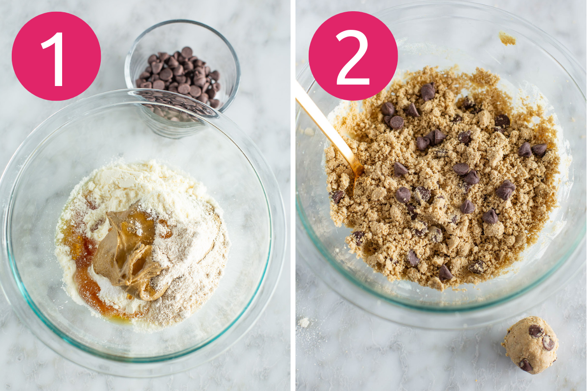 Cookie dough bites collage of steps 1 & 2