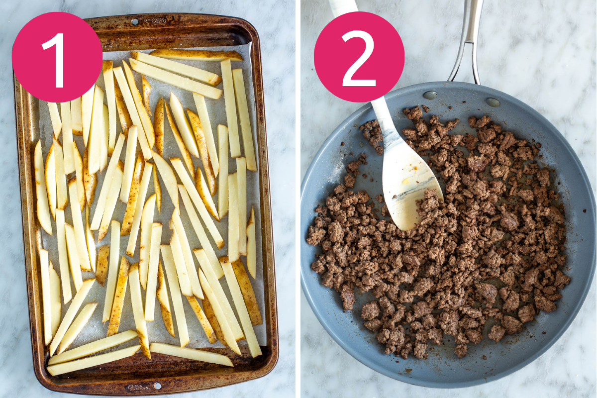 Cheeseburger fries collage of steps 1 & 2