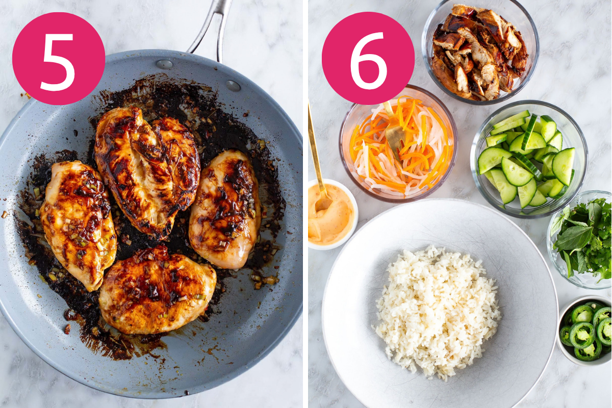 Chicken banh mi bowls collage of steps 5 & 6