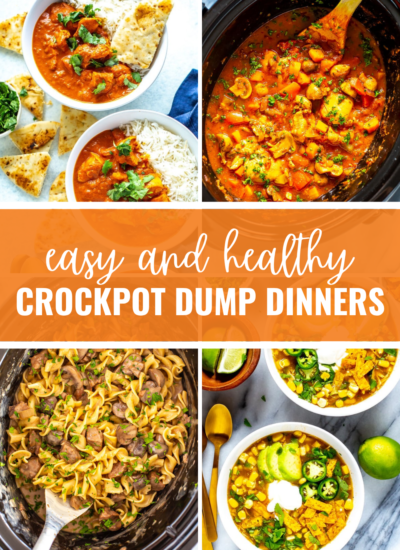 Collage of 4 crockpot dinners with title banner "easy and healthy crockpot dump dinners"