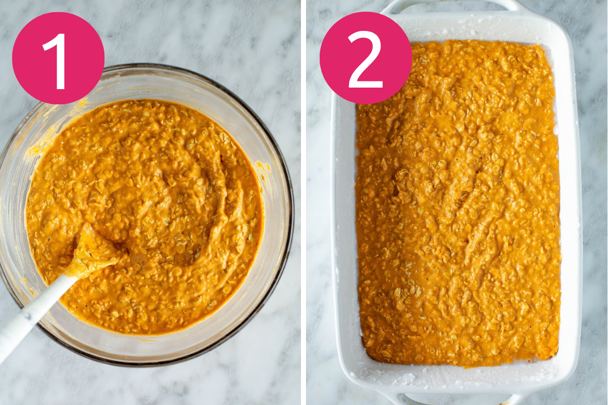 Pumpkin oatmeal bake collage of steps 1 & 2