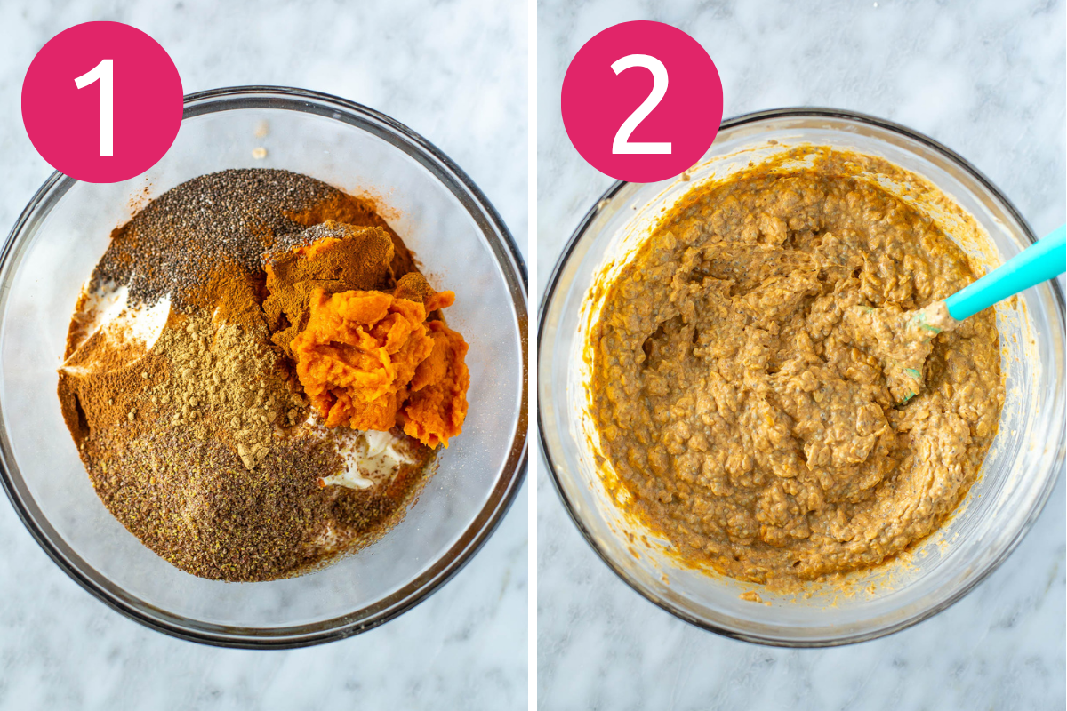 Pumpkin overnight oats collage of steps 1 & 2