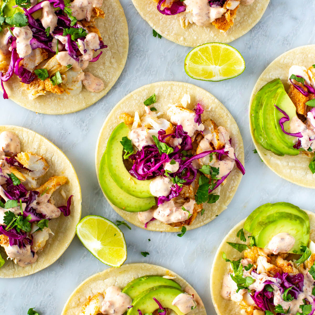 Several homemade fish tacos.