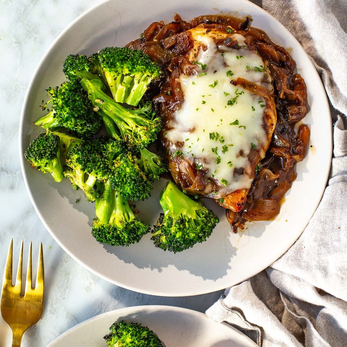 French onion chicken plated overhead shot