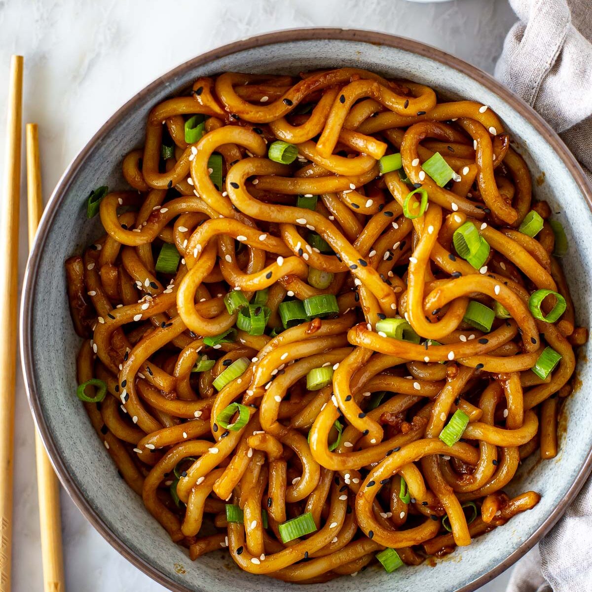 Overhead hero shot of plated hibachi noodles
