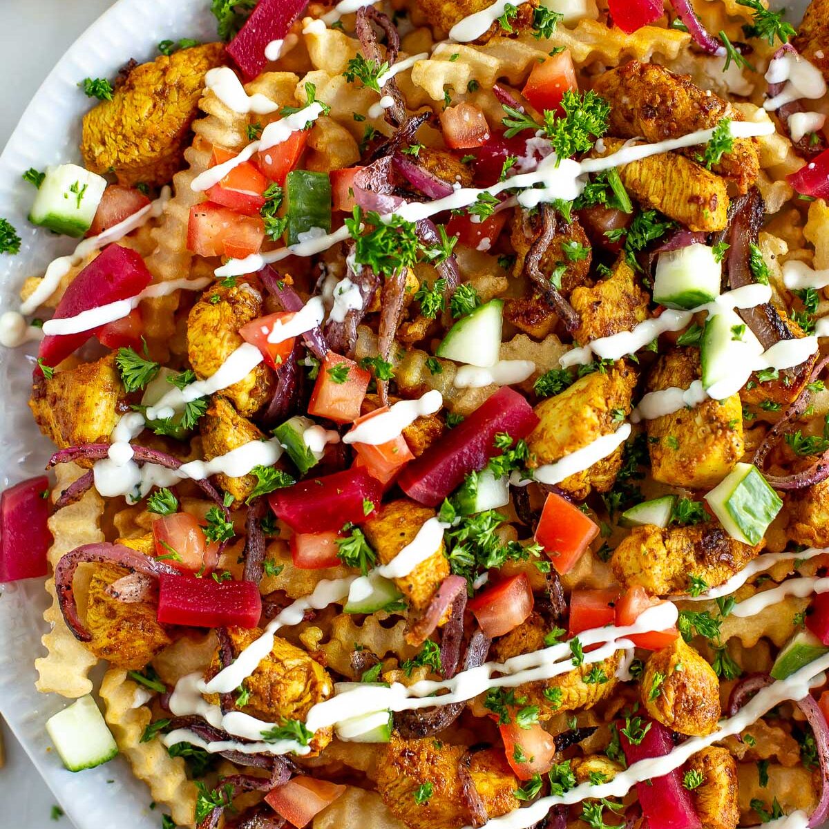 Loaded chicken shawarma fries