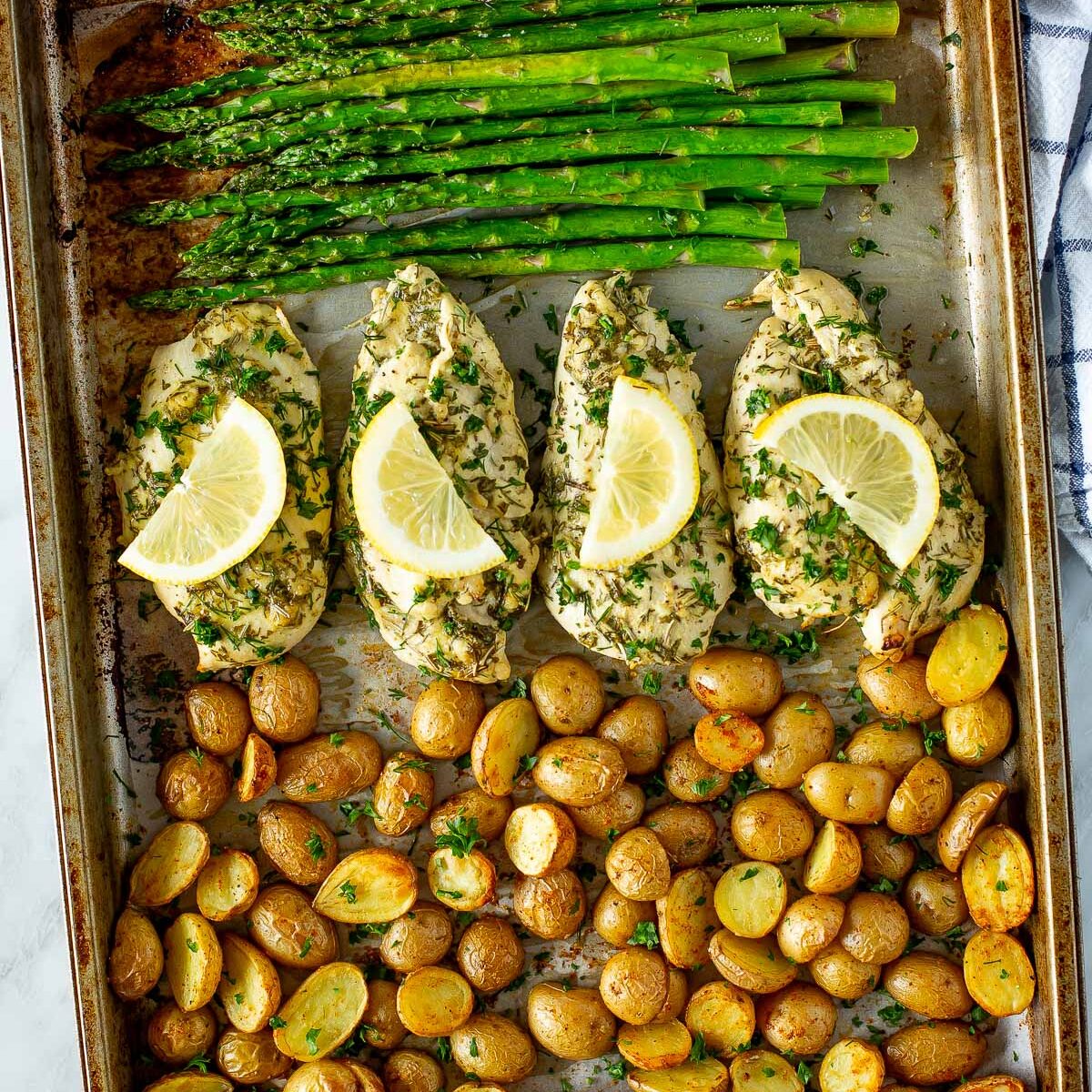 Sheet pan chicken and asparagus with baby potatoes