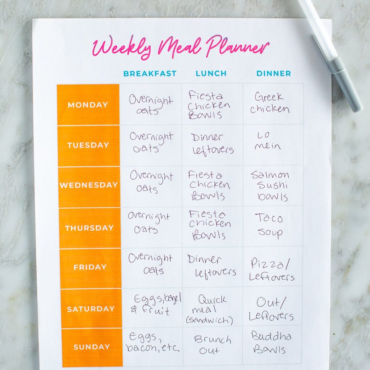 A filled out meal planner template.