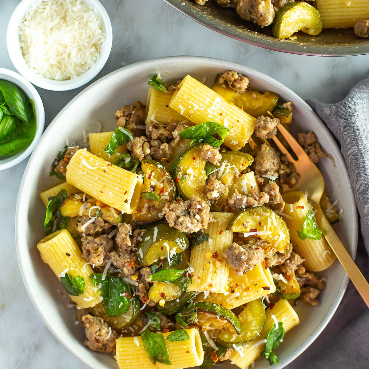 Sausage zucchini pasta bowl